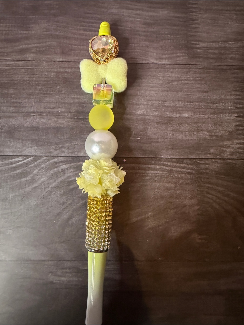 Yellow Decorative Beaded Pen with Rhinestone Grip
